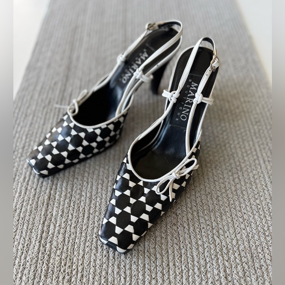 Vtg 90’s Marino Boutique Black White Geometric Square Toe Slingback Heels Sz 8 - Picture 2 of 9